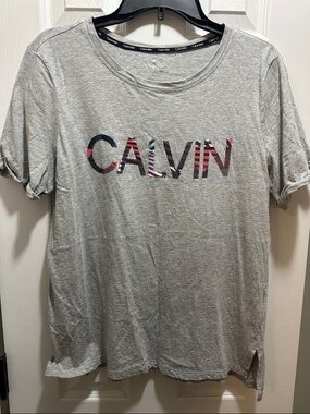Calvin Klein Women's Gray Logo Tee with Pink Accent